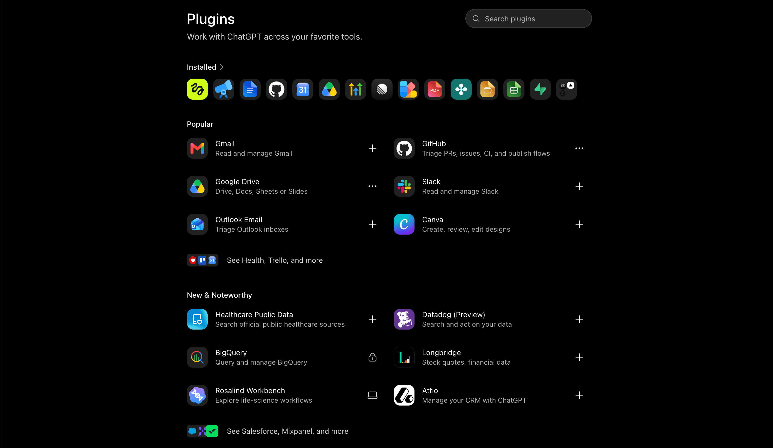 Plugins directory with Gmail, Google Drive, Outlook, GitHub, Slack, Canva, and other tools
