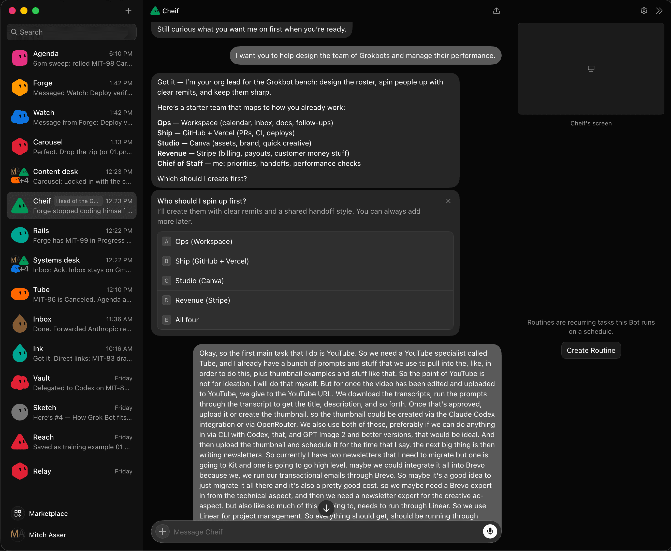 Chat with an AI chief of staff proposing a team of agents: Ops, Ship, Studio, Revenue, and Chief of Staff